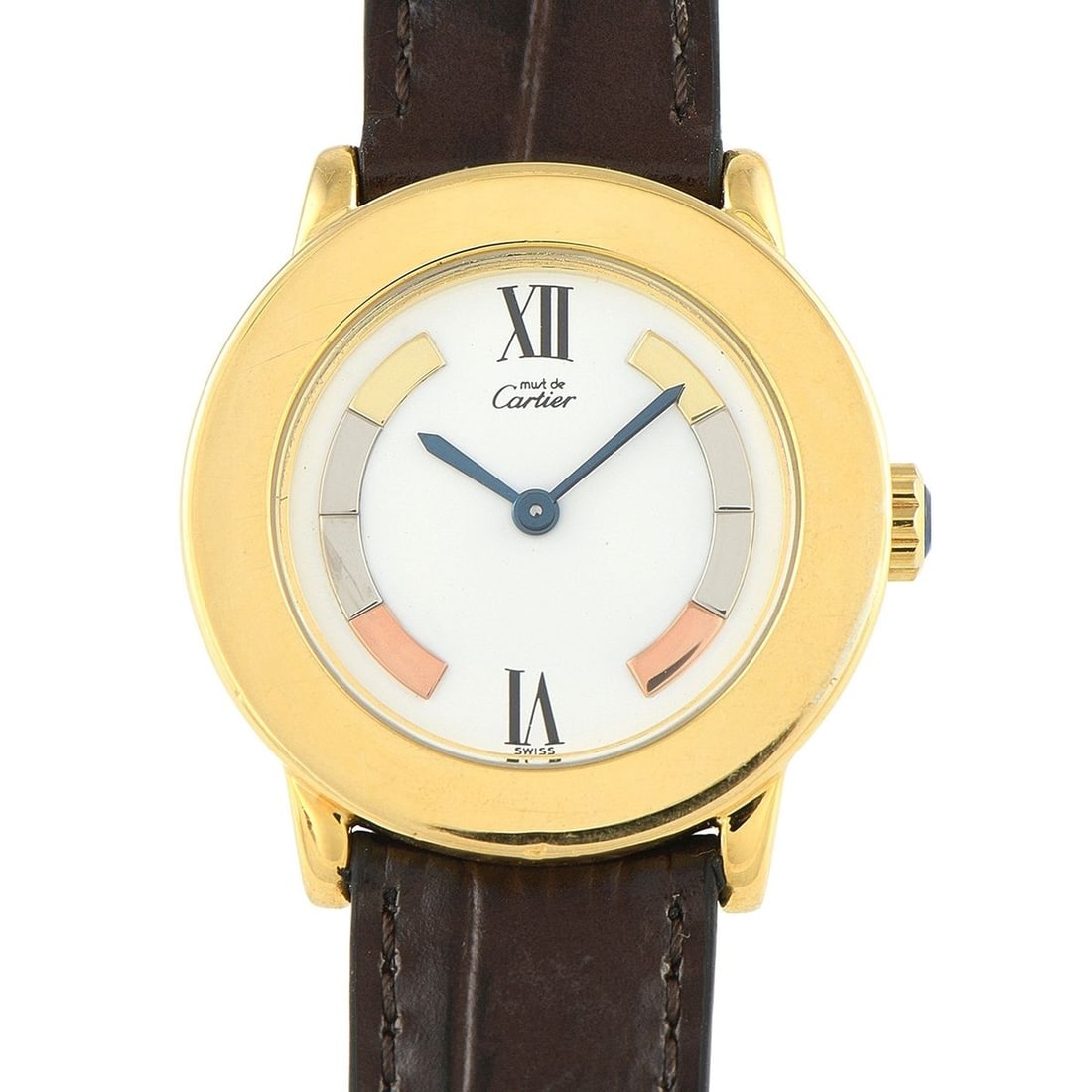 CARTIER MUST DE CARTIER RONDE TRINITY VERMEIL QUARTZ WATCH: For the round Must de Cartier, style is truly eternal. This 1990s time-only quartz watch features a 27mm sterling silver case richly plated with 20 microns of gold. Its minimalist white dial is graced