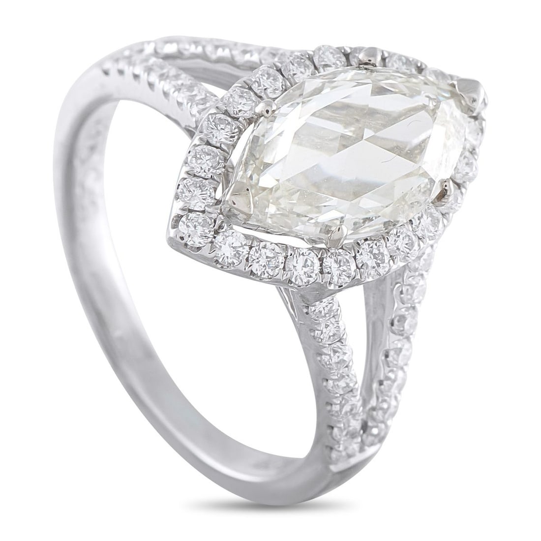 18K WHITE GOLD 2.13CT DIAMOND RING: This radiant ring will continually impress. The 18K White Gold setting beautifully showcases the 1.63 carat marquise-cut Diamond center stone. Additional Diamond accents totaling 0.50 carats allow thi