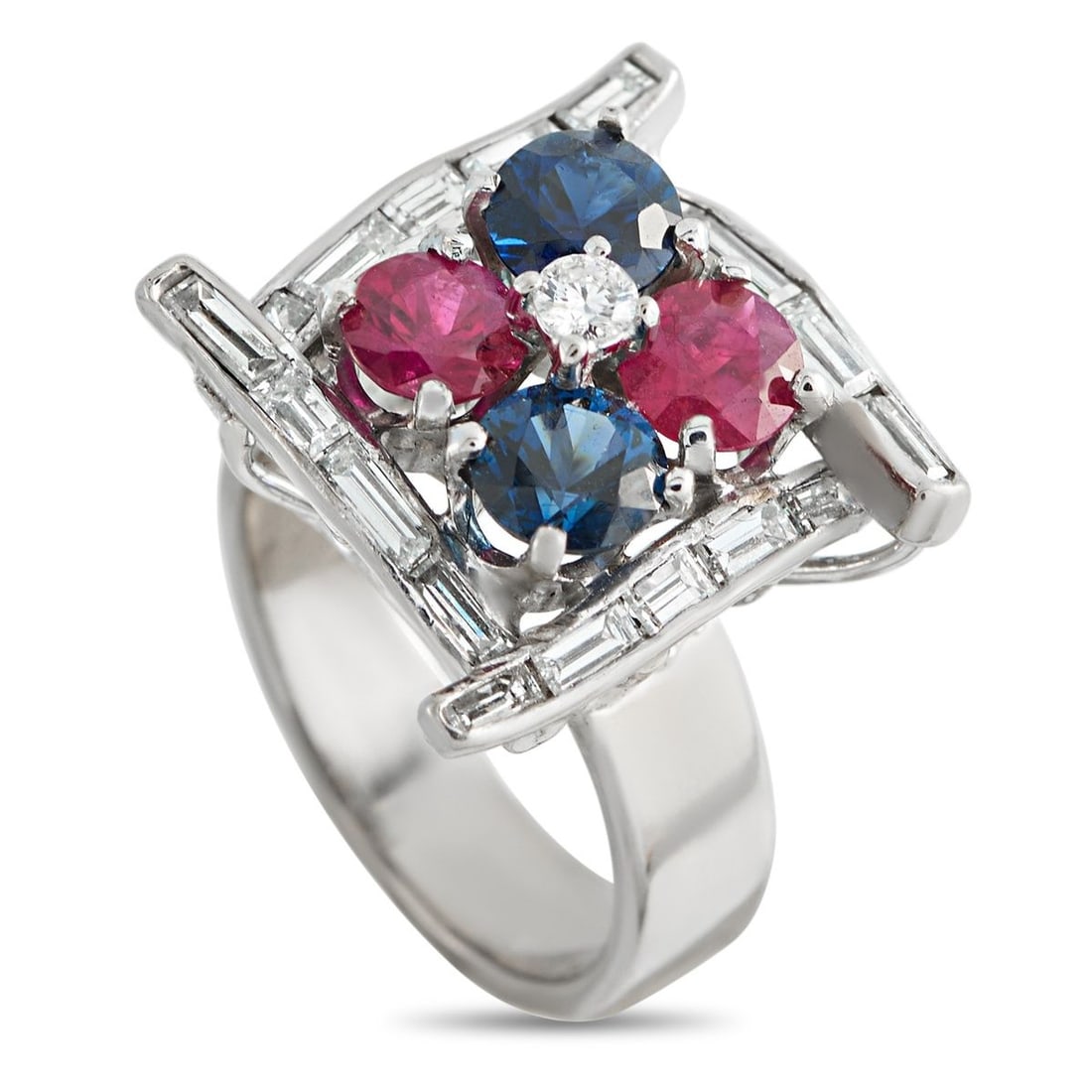 14K WHITE GOLD 0.90CT DIAMOND, RUBY, AND SAPPHIRE RING: This radiant ring is a celebration of color. The stylish square setting beautifully showcases a combination of Ruby and Sapphire center stones. Diamond accents totaling 0.90 carats make it even more s