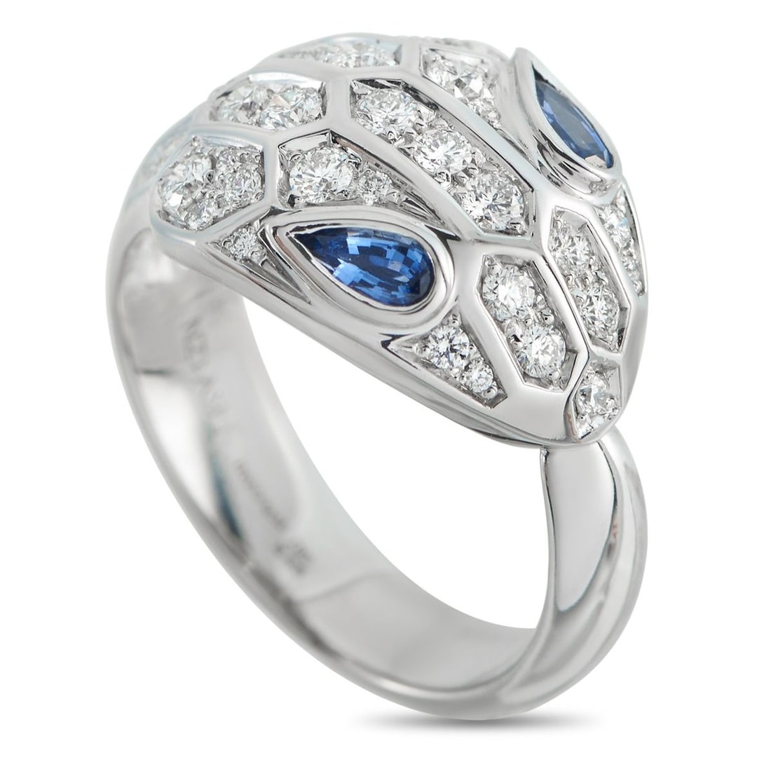 BVLGARI SERPENTI 18K WHITE GOLD DIAMOND AND SAPPHIRE RING: This Bvlgari Serpenti ring is instantly alluring. Set in 18K White Gold, sparkling Diamonds and dazzling Sapphire eyes add elegance to the timeless snake motif. It features a 5mm wide band and a top h