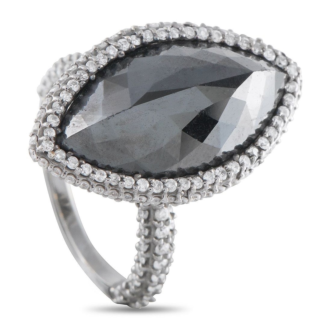 18K WHITE GOLD 9.0CT WHITE AND BLACK DIAMOND RING: This luxury ring features a stunning combination of colors, textures, and materials. A breathtaking 8.0 carat Black Diamond center stone serves as a stunning focal point, while white Diamond accents t