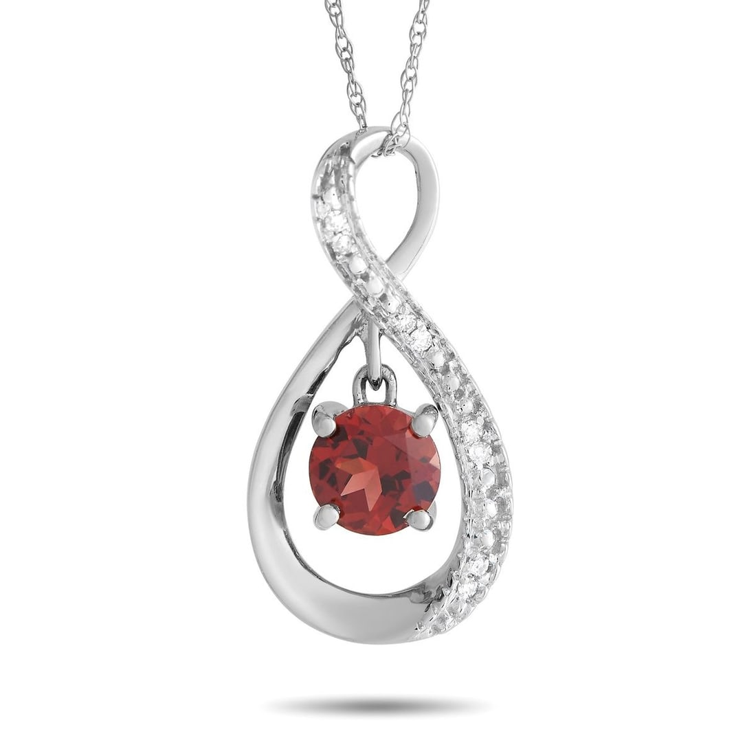 14K WHITE GOLD DIAMOND AND 0.03CT GARNET PENDANT NECKLACE: Golden and glamorous, this necklace will instantly bring a touch of brilliance to any look. This piece features an 18-inch double cable chain with a spring ring clasp. It holds a looped-style pendant,