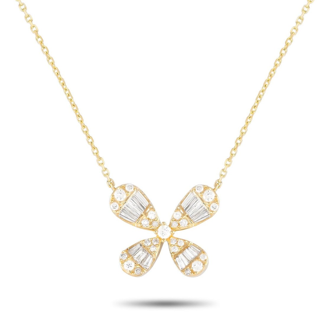 14K YELLOW GOLD 0.75CT DIAMOND FOUR PETAL FLOWER NECKLACE: Delicate and feminine, this diamond necklace has an easy-going vibe that can instantly freshen up any look. It features a 16 chain in 14K yellow gold holding a flower-inspired pendant with four pear-s