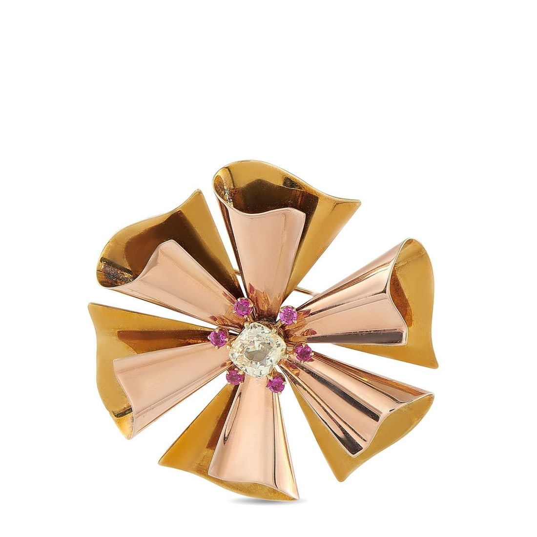 14K ROSE AND YELLOW GOLD 3.0CT YELLOW SAPPHIRE AND RUBY BROOCH (1 of 3)
