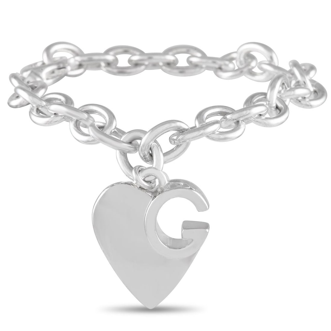 GUCCI SILVER HEART CHAIN BRACELET: The perfect daily companion. This Gucci chain bracelet in durable silver will pair well with any ensemble. It features large round links in polished finish and a heart charm detailed with a cut-out le