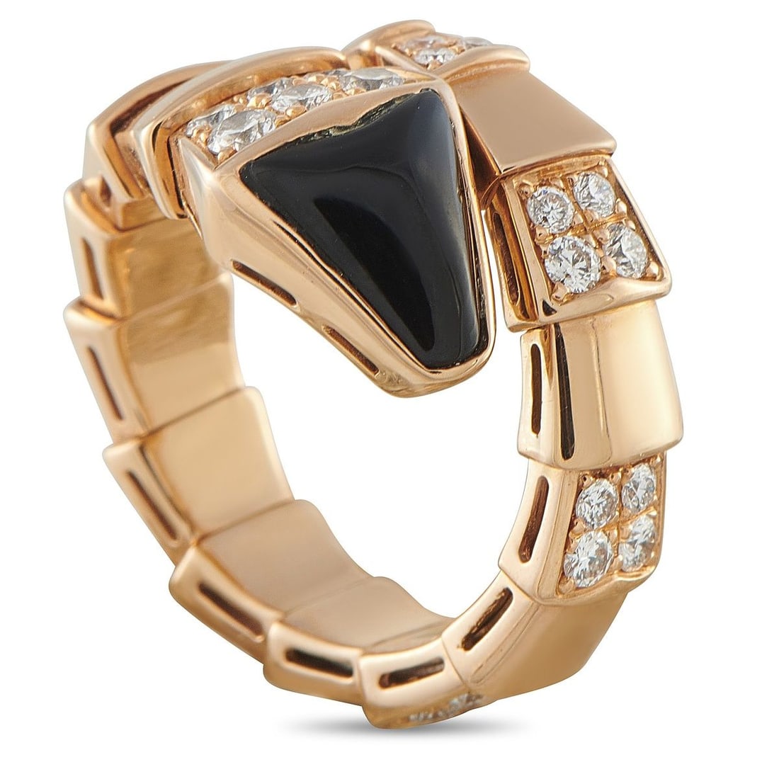 BVLGARI SERPENTI VIPER 18K ROSE GOLD DIAMOND AND ONYX RING: A Serpenti Viper with a dark, sensual allure. This rose gold ring features the iconic serpent's head motif with a deep black onyx inlay, contrasting sharply with the alternating polished gold and diam