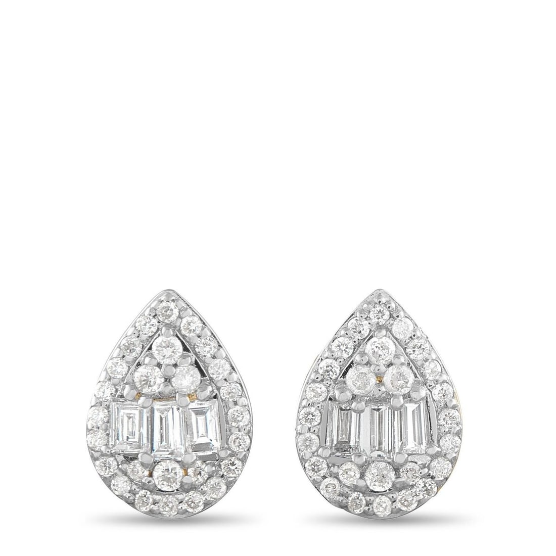 14K YELLOW GOLD 0.25CT DIAMOND CLUSTER PEAR STUD EARRINGS: Clean lines meet understated sparkle in these 14K yellow gold pear-shaped studs. The center features a combination of baguette and round diamonds in a clustered form, framed by a precise outline of sm