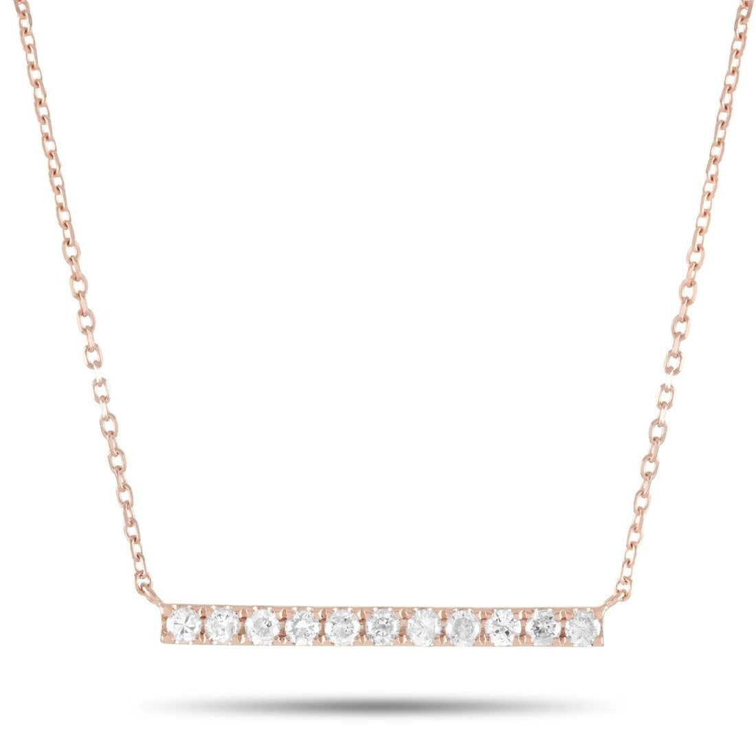 14K ROSE GOLD 0.25 CT DIAMOND PENDANT NECKLACE: This necklace is crafted from 14K rose gold and weighs 2 grams. It is presented with a 15 chain and boasts a pendant that measures 0.07 in length and 0.75 in width. The necklace is set with diamonds t