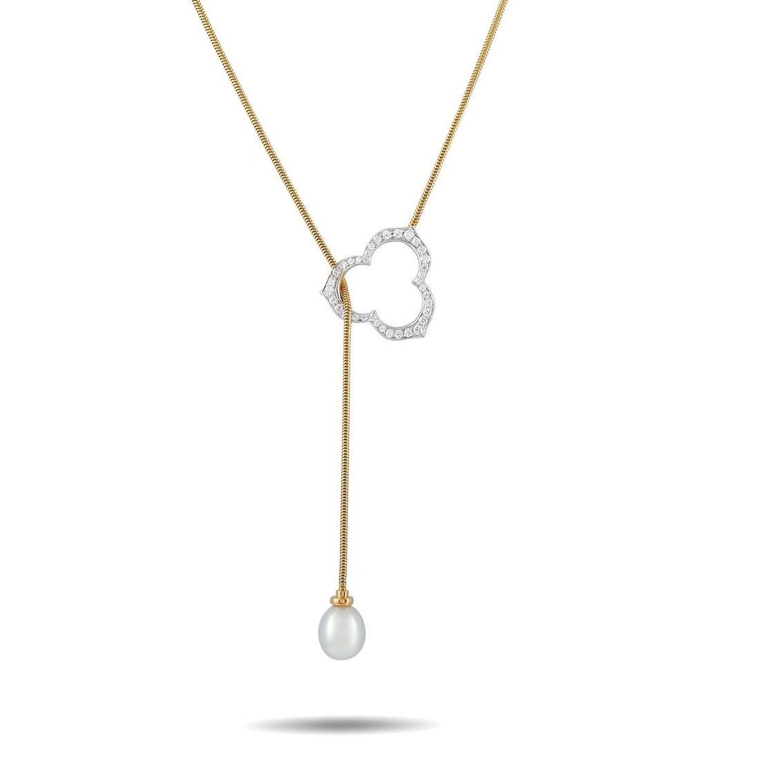 ANGELA CUMMINGS 18K YELLOW GOLD DIAMOND AND PEARL LARIAT NECKLACE: A sleek, sophisticated design makes this Angela Cummings lariat necklace an elegant addition to any ensemble. The textured 18K Yellow Gold chain features a luminous Pearl, which drops vertically throu