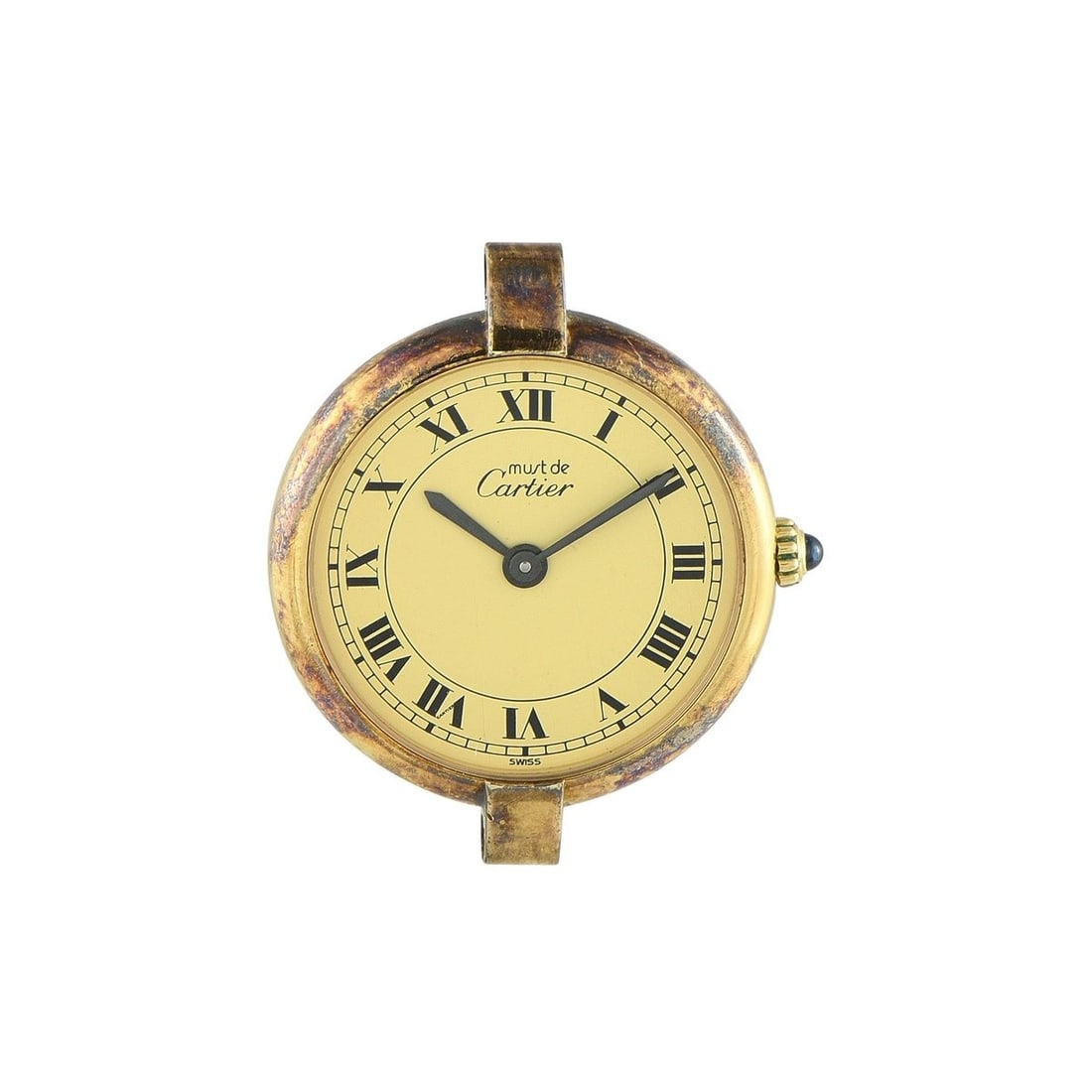 CARTIER MUST DE CARTIER VENDME ROMAN DIAL VERMEIL QUARTZ WATCH: The watch patina collectors look for. This Must de Cartier has the elegant Vendme lugs, named after the Place Vendme in Paris, where Cartiers flagship boutique stands. This round watch case is crafted