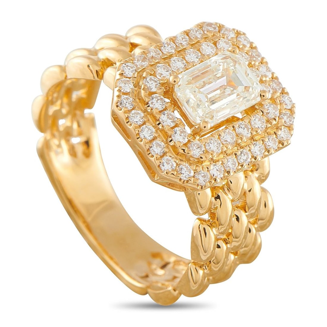 18K YELLOW GOLD 1.30CT DIAMOND RING: This ring is full of exquisite details. A textured 18K Yellow Gold band provides the perfect foundation for this luxury piece. At the center, a 0.92 carat emerald-cut Diamond is surrounded by a double