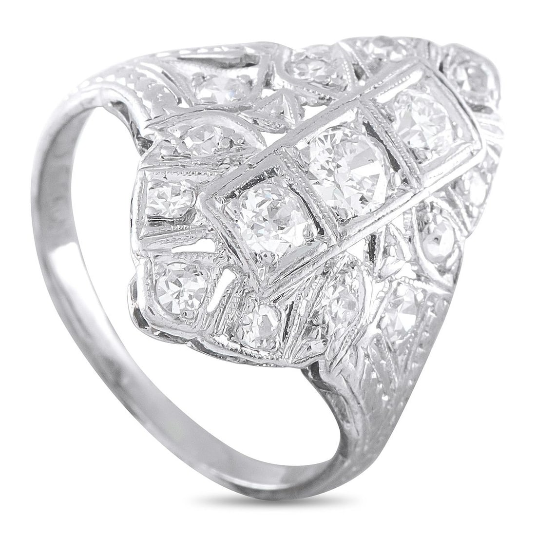 ANTIQUE PLATINUM 1.0CT DIAMOND ART DECO RING: Add a touch of sophistication to any ensemble with this antique ring. Set in Platinum, the geometric design comes to life thanks to sparkling inset Diamonds with a total weight of 1.0 carats. A 1mm wi