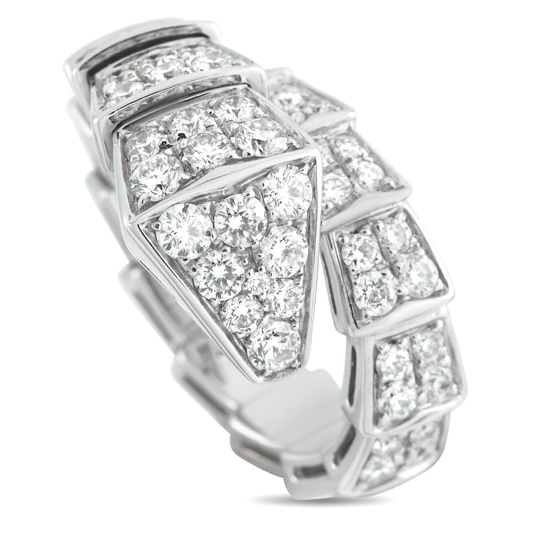BVLGARI SERPENTI VIPER 18K WHITE GOLD DIAMOND RING: This Bvlgari Serpenti Viper ring offers unmatched aesthetics. Instantly captivating, the simple 18K White Gold setting comes to life in pav Diamonds and beautifully depicts the luxury brands signature