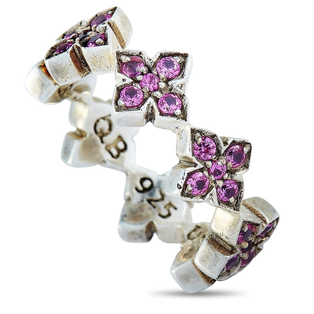 KING BABY SILVER AND PINK CUBIC ZIRCONIA MB CROSS RING: This King Baby ring is made out of silver and pink cubic zirconia and weighs 5.4 grams, boasting band thickness of 7 mm.The ring is offered in brand new condition and includes the manufacturers box. C