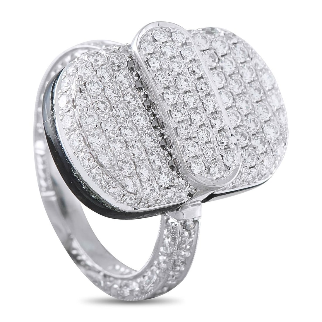 PLATINUM 1.30CT DIAMOND RING: This luxury ring is chic, stylish, and incredibly contemporary. The geometric design is elevated by Diamonds totaling 1.30 carats, which contrast against subtle black accents at each end. Crafted from
