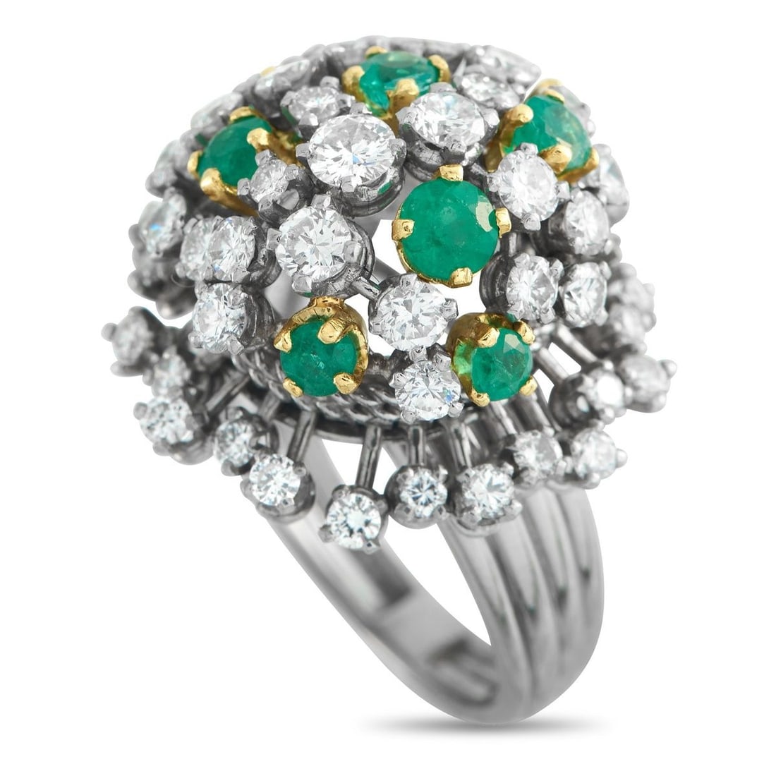 PLATINUM 2.50CT DIAMOND AND EMERALD RING: Diamonds with a total weight of 2.50 carats shine brightly from their place within this luxury rings domed Platinum setting. Stunning and statement-making, Emerald accents totaling 1.10 carats provide