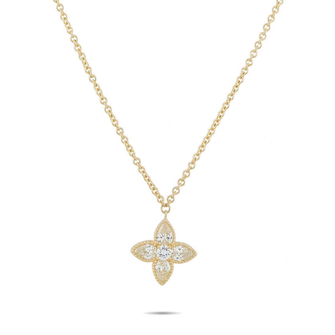 18K YELLOW GOLD 0.95CT DIAMOND NECKLACE: Theres something captivating about this elegant luxury necklace. Lustrous 18K Yellow Gold elevates the classically elegant pendant, which comes to life thanks to intricate beaded accents and Diamonds 