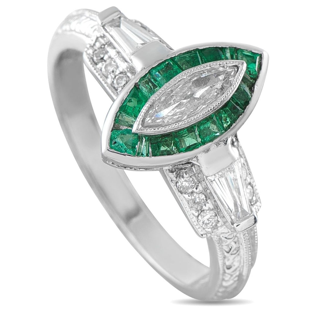 14K WHITE GOLD 0.40CT DIAMOND AND EMERALD ART DECO RING: A striking Art Deco design makes this luxury ring an instantly captivating piece that will continually make a statement. Set in 14K White Gold, Diamonds with a total weight of 0.40 carats allow it to 