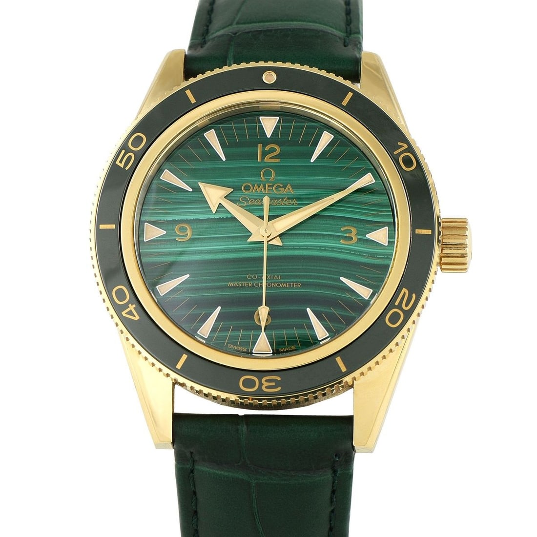 OMEGA SEAMASTER 300 MALACHITE DIAL YELLOW GOLD WATCH: This Omega Seamaster 300 ref. 234.63.41.21.99.001 turns the timeless diver into a statement of style and craft. It features a 41mm case in 18K yellow gold and a striking green malachite dial. A green 