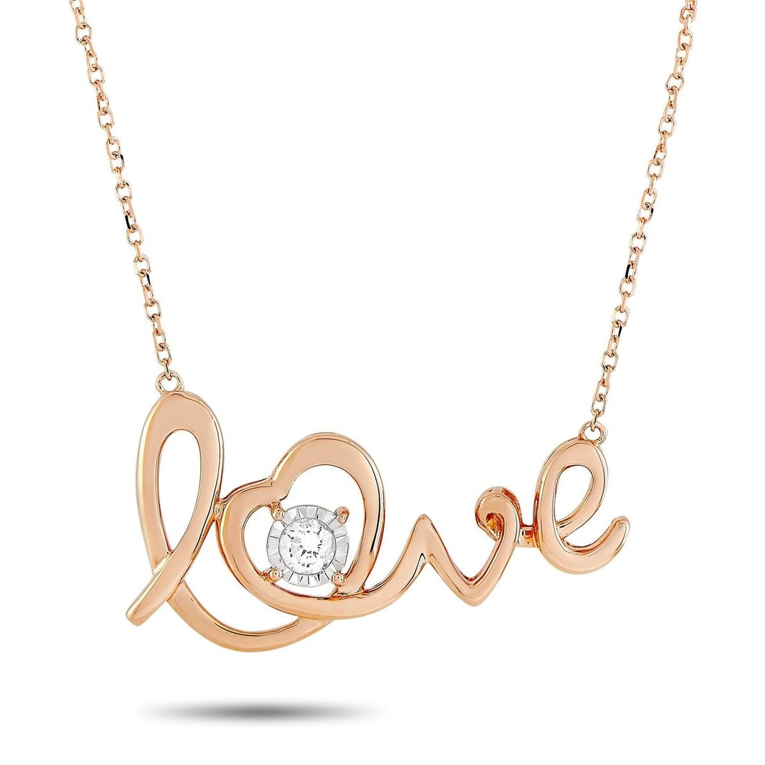 14K ROSE GOLD 0.10 CT DIAMOND PENDANT NECKLACE: This necklace is made of 14K rose gold and embellished with a 0.10 ct diamond stone. The necklace weighs 3.2 grams and boasts a 16 chain and a love pendant that measures 0.75 in length and 1.15 in wid