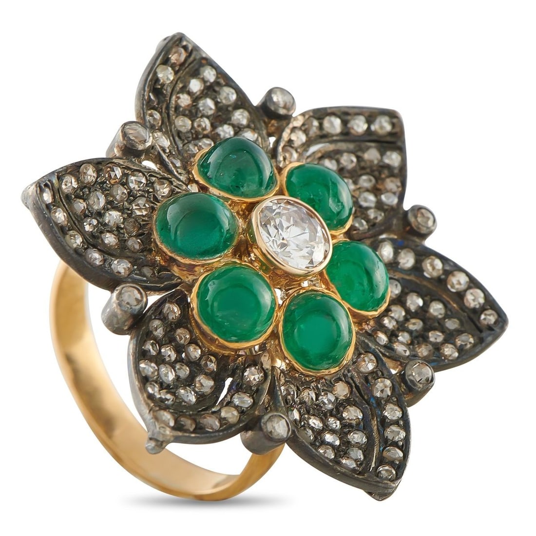 14K ROSE GOLD 2.0CT DIAMOND AND EMERALD RING: This exquisite ring will continually take your breath away. A 0.50 carat Diamond center stone and additional Diamond accents totaling 1.50 carats offer plenty of traditional sparkle. Emerald cabochons