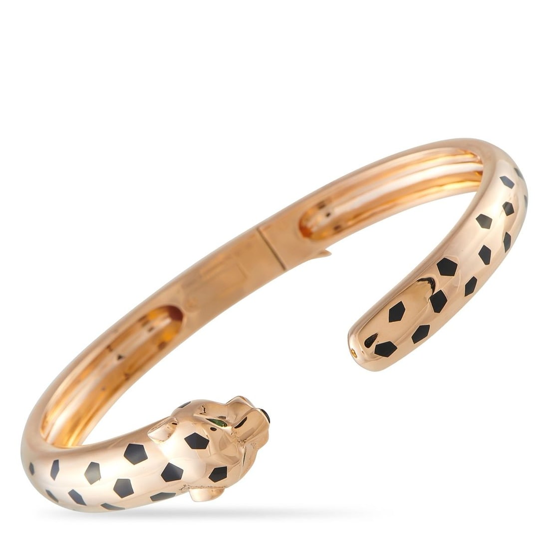 CARTIER PANTHRE DE CARTIER 18K ROSE GOLD BRACELET SIZE 19: This Cartier Panthre de Cartier bracelet is simply exquisite. Crafted from 18K Rose Gold, the luxury brands iconic panther comes to life thanks to green gemstone eyes and black spots throughout the de