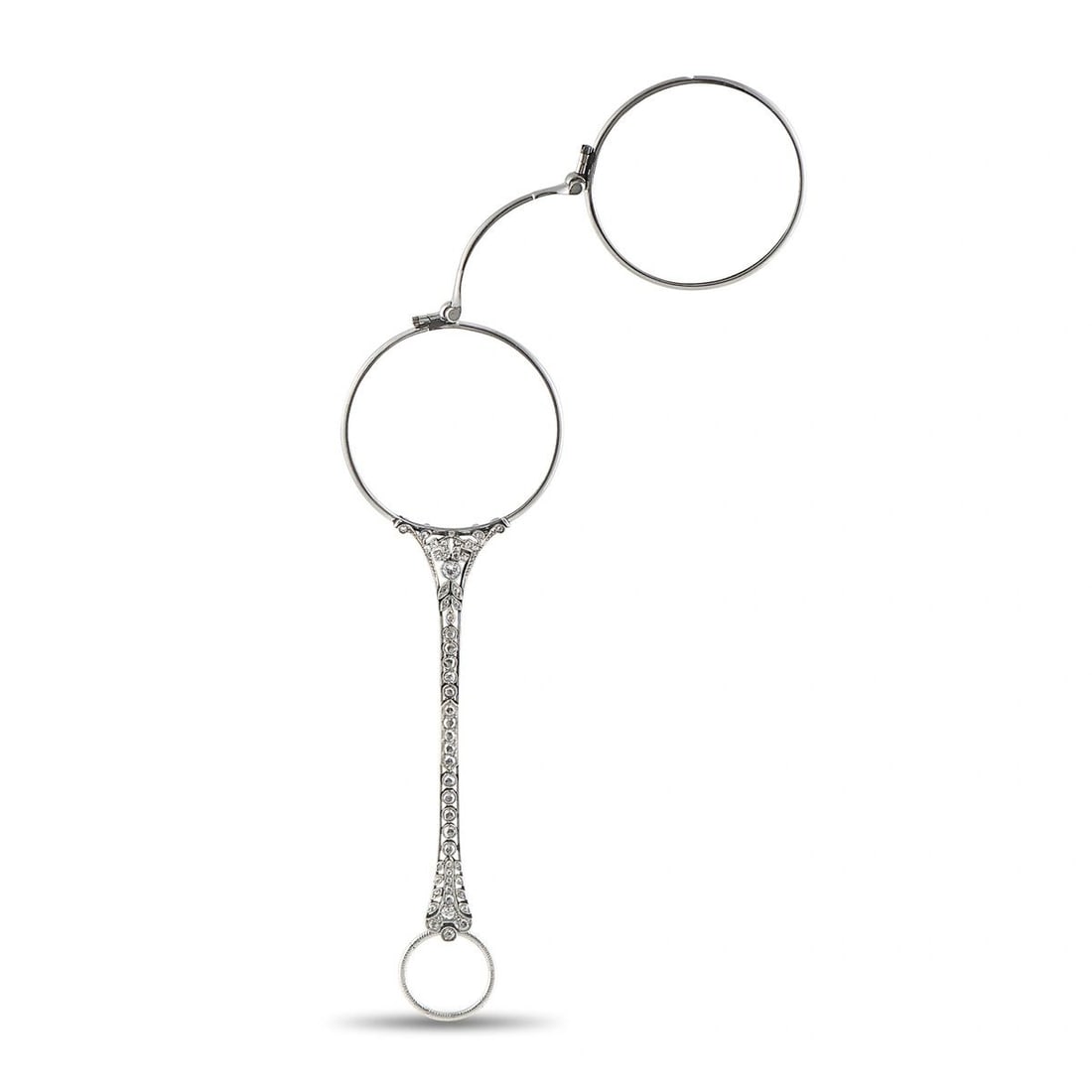 ANTIQUE PLATINUM 1.25CT DIAMOND LORGNETTE: A truly extraordinary and rare antique platinum lorgnette of the Belle poque era an incomparable luxury collectible for the discerning connoisseur. This magnificent handheld opera glass features two c