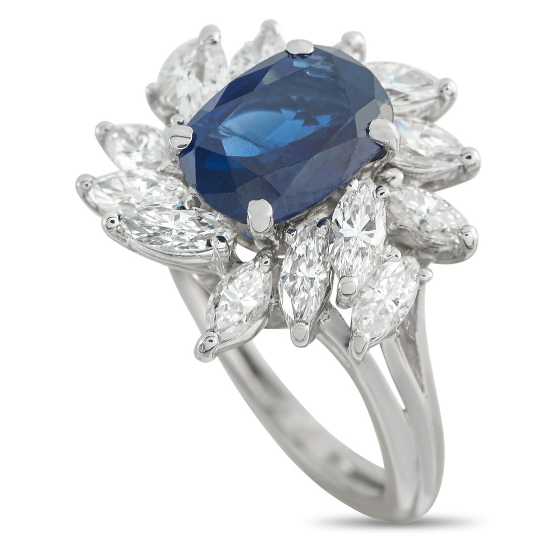 PLATINUM 1.50CT DIAMOND AND SAPPHIRE RING: This luxury ring is simply exquisite. A 2.30 carat Sapphire adds a splash of color to the center of the design, while a halo of Diamonds totaling 1.50 carats provides plenty of sparkle. Crafted from P