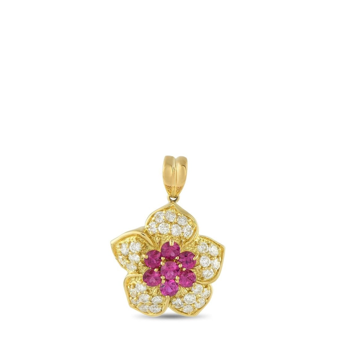 18K YELLOW GOLD 1.49CT DIAMOND AND RUBY FLOWER PENDANT: A detailed design makes this flower pendant incredibly captivating. Set in 18K Yellow Gold, inset Diamonds totaling 1.49 carats provide plenty of sparkle. Ruby gemstones totaling 1.61 carats add color