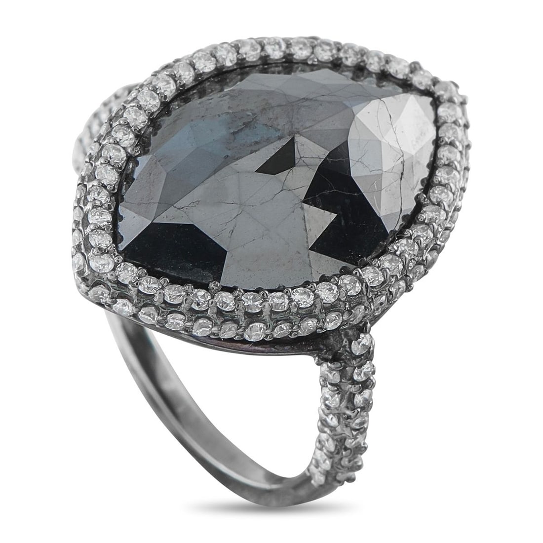 18K WHITE GOLD 11.03CT DIAMOND RING: A 10.26 carat Black Diamond center stone makes this luxury ring endlessly captivating. Ideal for any occasion, additional Diamond accents totaling 0.77 carats surround the center stone and provide a t