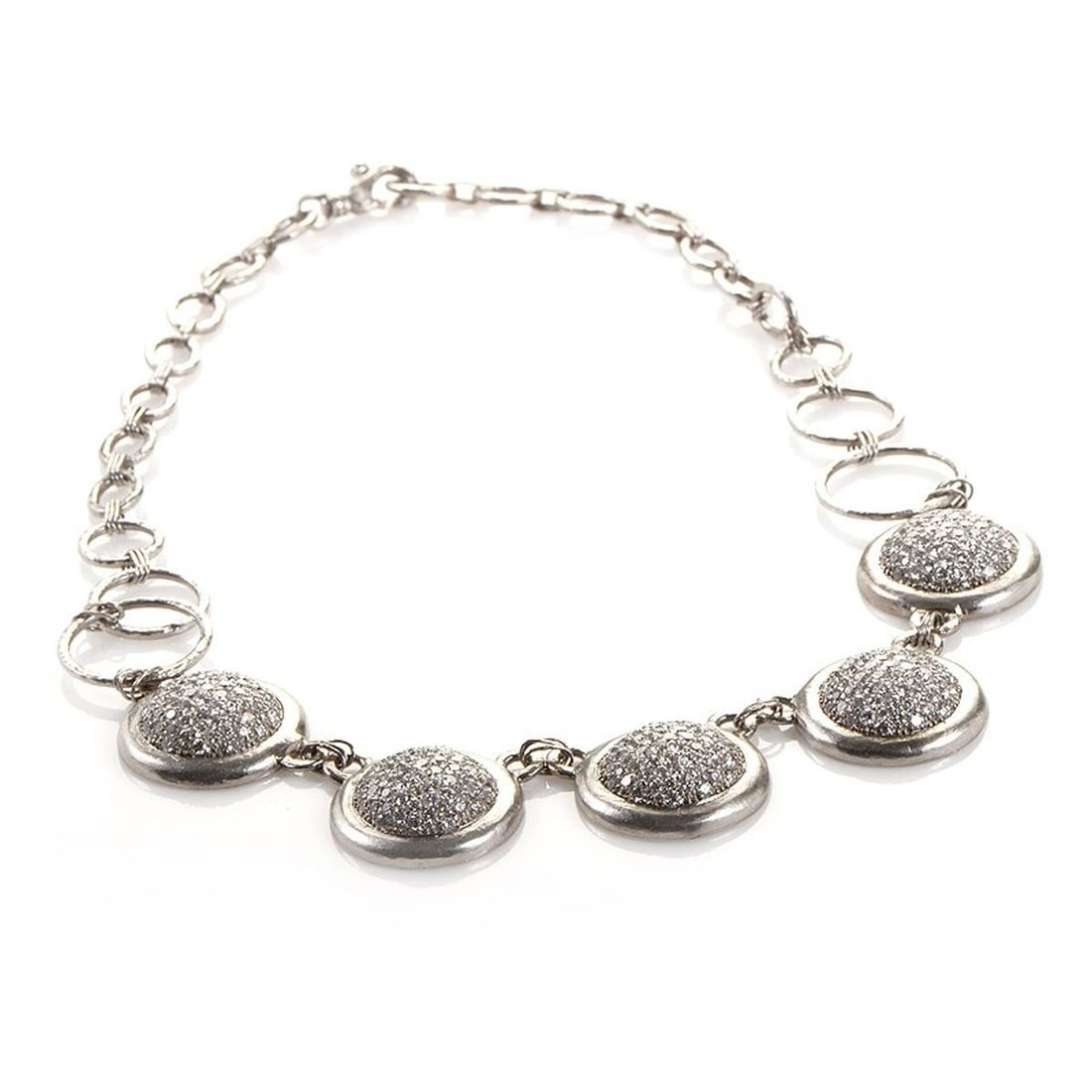 GURHAN PLATINUM AND DIAMOND PAVE NECKLACE: This necklace from Gurhan is opulent and sophisticated. It is made of platinum and boasts five round hanging accents with an 12.69ct diamond pave. . Category: Necklace Condition: Brand New Gender: Lad
