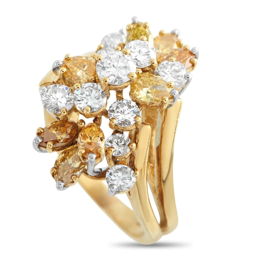 18K YELLOW AND WHITE GOLD 3.0 CT FANCY DIAMOND CLUSTER RING: An ring that delivers a sophisticated statement of light and texture. Designed for the modern collector, it radiates warmth through an architectural cluster shaped by control rather than embellishment