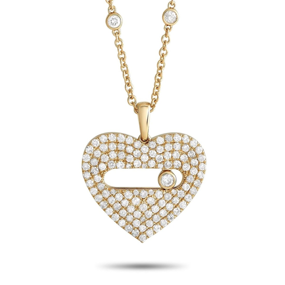 14K YELLOW GOLD 2.10CT DIAMOND PAV HEART NECKLACE: This necklace could well be what's missing in your arsenal. It features a 15 long chain with a lobster clasp and a 1 by 0.80 heart-shaped pendant. The pendant glitters with pav-set round diamonds and 