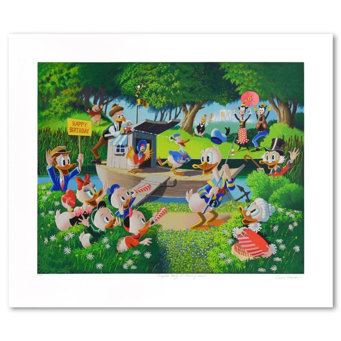 Carl Barks (1901-2000), "Surprise Party at Memory Pond" Limited Edition Serigraph from Disney Fine: Surprise Party at Memory Pond is a limited edition serigraph on on paper by Carl Barks (1901-2000), numbered and hand signed by the artist. This piece is licensed by Disney Fine Art. Includes Letter o