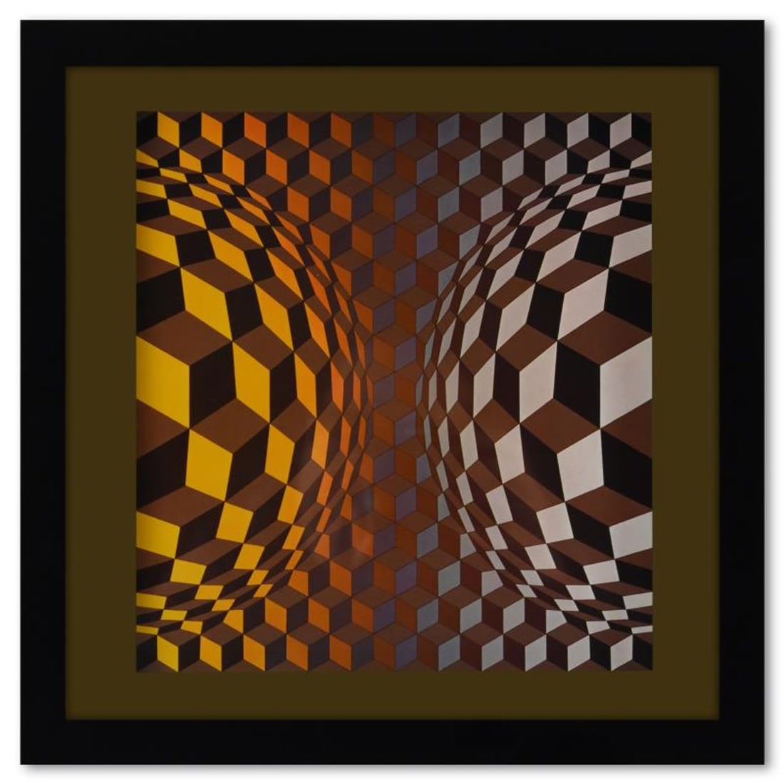 Victor Vasarely (1908-1997), "Cheyt - OND de la serie Structures Universelles De L'Hexagone" Framed: Cheyt - OND de la serie Structures Universelles De L'Hexagone is a heliogravure print on paper, published in 1975, by Victor Vasarely (1908-1997). This piece comes custom framed, with a letter of auth