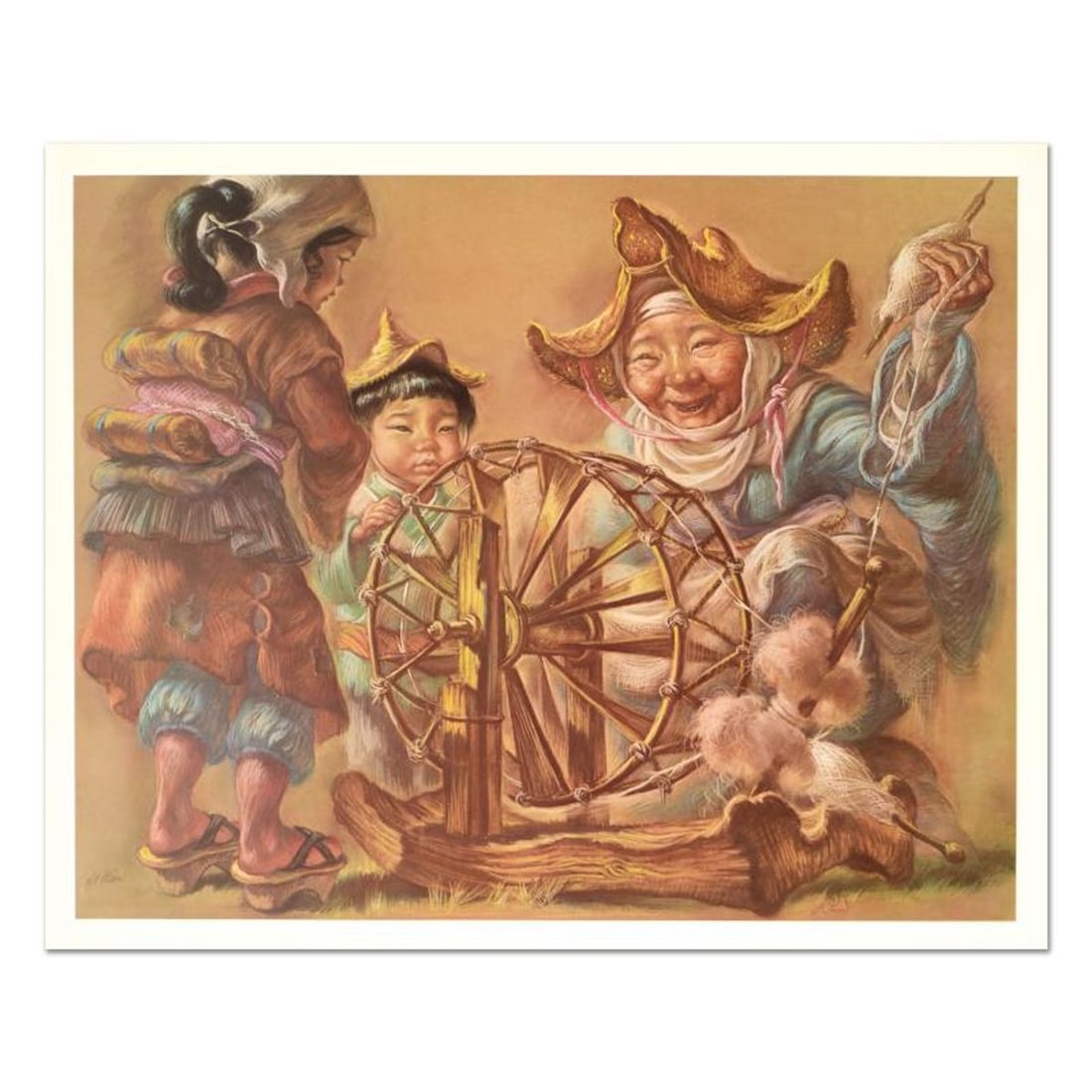 Virginia Dan (1922-2014), "Spinning Wheel" Limited Edition Lithograph, Numbered and Hand Signed with: Spinning Wheel is a limited edition lithograph on paper by Virginia Dan (1922-2014), numbered and hand signed by the artist. Includes Letter of Authenticity. Measures approx. 30" x 24" (border), 28" x