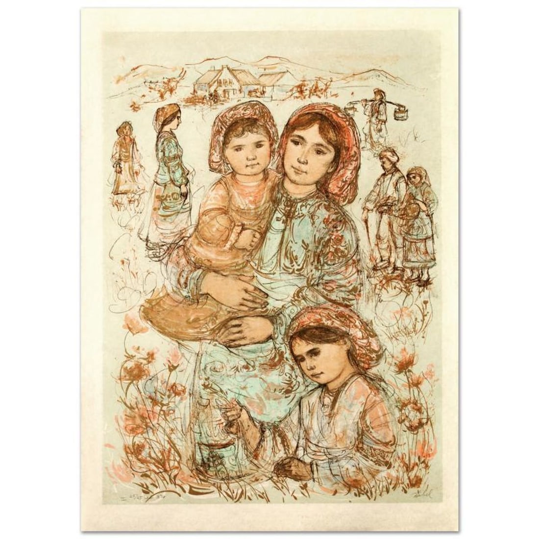 Family in the Field Limited Edition Lithograph by Edna Hibel (1917-2014), Numbered and Hand Signed: Family in the Field is a limited edition lithograph on rice paper, numbered and hand signed by Edna Hibel (1917-2014). Includes Certificate of Authenticity! Measures approx. 25" x 36" (with border), 2