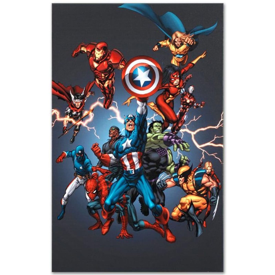 Marvel Comics "Official Handbook: Avengers 2005" Numbered Limited Edition Giclee on Canvas by Tom: A piece of comic book history, this limited edition, from original art by Tom Grummett, depicts an action packed scene featuring the Avengers. While working for Marvel, Tom Grummett was the penciller 