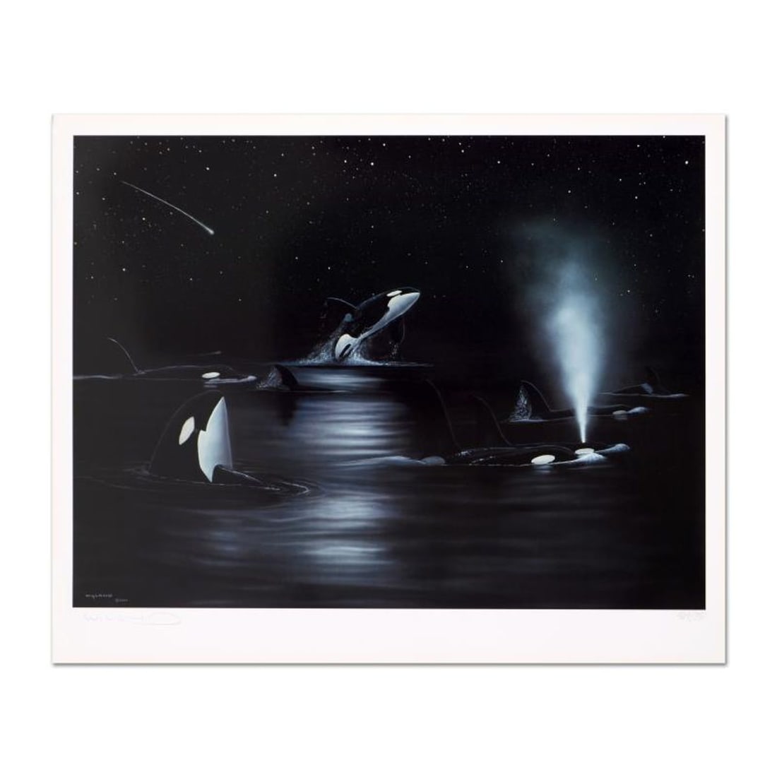 Wyland, "Orca Starry Night" Limited Edition Lithograph, Numbered and Hand Signed with Certificate of: Orca Starry Night is a limited edition lithograph on paper by Wyland, numbered and hand signed by the artist. Includes Certificate of Authenticity. Measures approx. 23.5" x 19.5" (border), 22" x 16.5"
