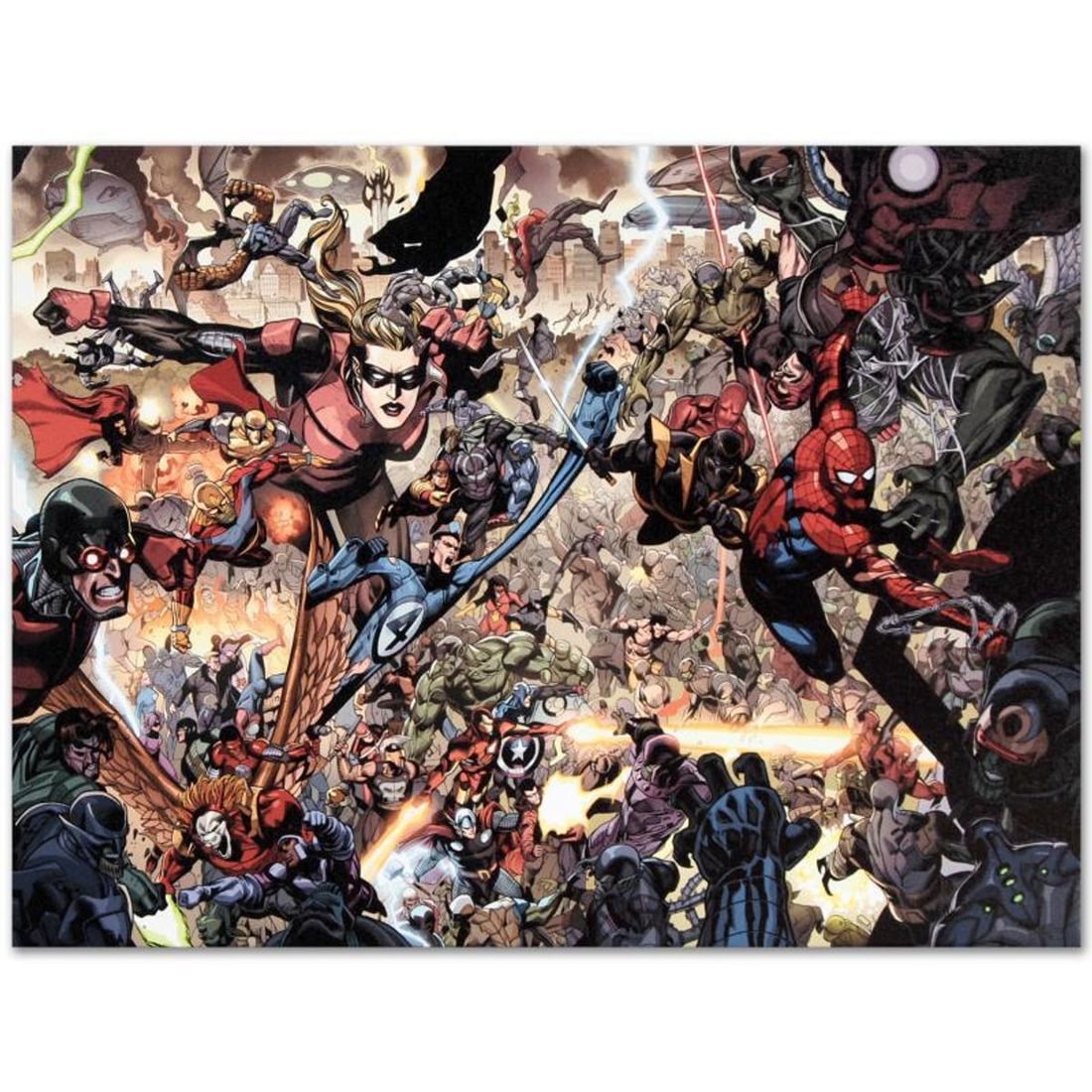 Marvel Comics "Secret Invasion #7" Numbered Limited Edition Giclee on Canvas by Leinil Francis Yu: A piece of comic book history, this limited edition, from original art by Leinil Francis Yu, depicts classic characters such as Spider-Man, Ronin, Stature, Mr. Fantastic, and many others. After winnin