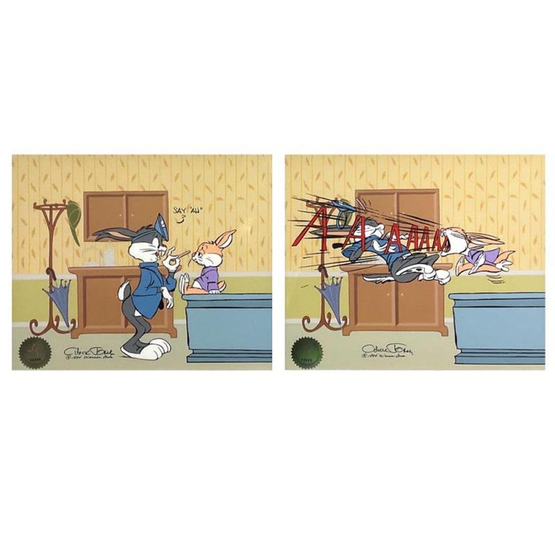 Chuck Jones (1912-2002) "Bugs Doctor: Say Ah!" Hand Signed, Hand Painted Limited Edition Sericel: Bugs Doctor: Say Ah! is a limited edition sericel diptych with hand painted color. The piece is numbered, hand signed by Chuck Jones (1912-2002), and includes a Certificate of Authenticity! Each piece