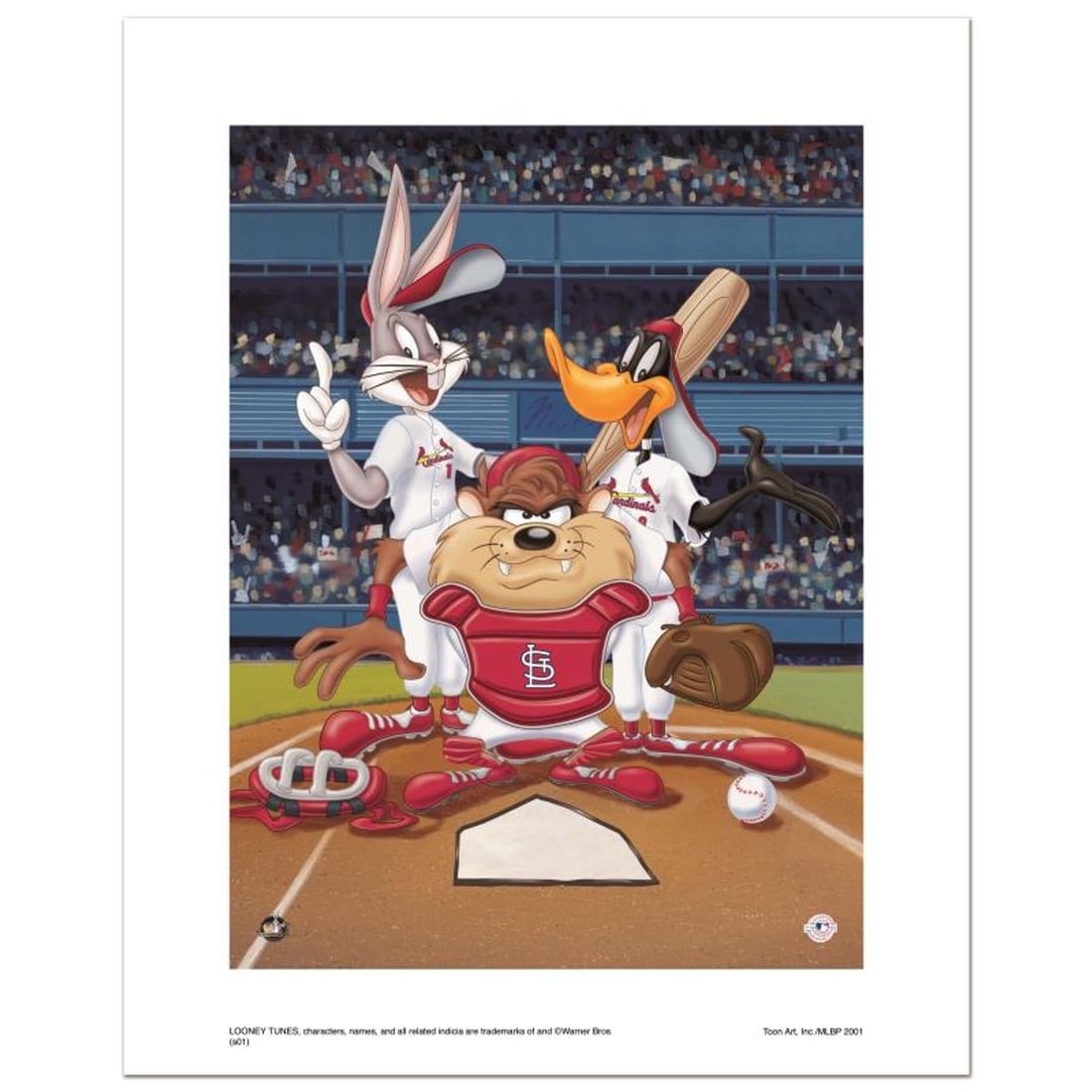 At the Plate (Cardinals) Numbered Limited Edition Giclee from Warner Bros. with Certificate of: At the Plate (Cardinals) is a limited edition giclee on paper from Warner Bros. featuring iconic Looney Tunes characters in St. Louis Cardinals MLB uniforms. It comes numbered, with hologram seal, and