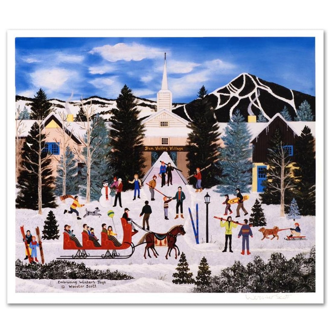 Jane Wooster Scott, "Embracing Winter's Joys" Hand Signed Limited Edition Lithograph with Letter of: Embracing Winter's Joys is a limited edition lithograph on paper by Jane Wooster Scott. The piece is hand signed and numbered and comes with a letter of authenticity. Measures approx. 15" x 13" (with 