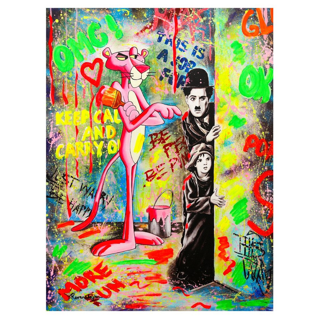 Nastya Rovenskaya- Mixed Media on Canvas "Caught Trying to Sneak In": Artist: Nastya Rovenskaya. Medium: Mixed Media on Canvas. Title: Caught Trying to Sneak In. Size: 40" x 30". Signature: Hand Signed. Certificate of Authenticity: Is included. Reference#: 26457.