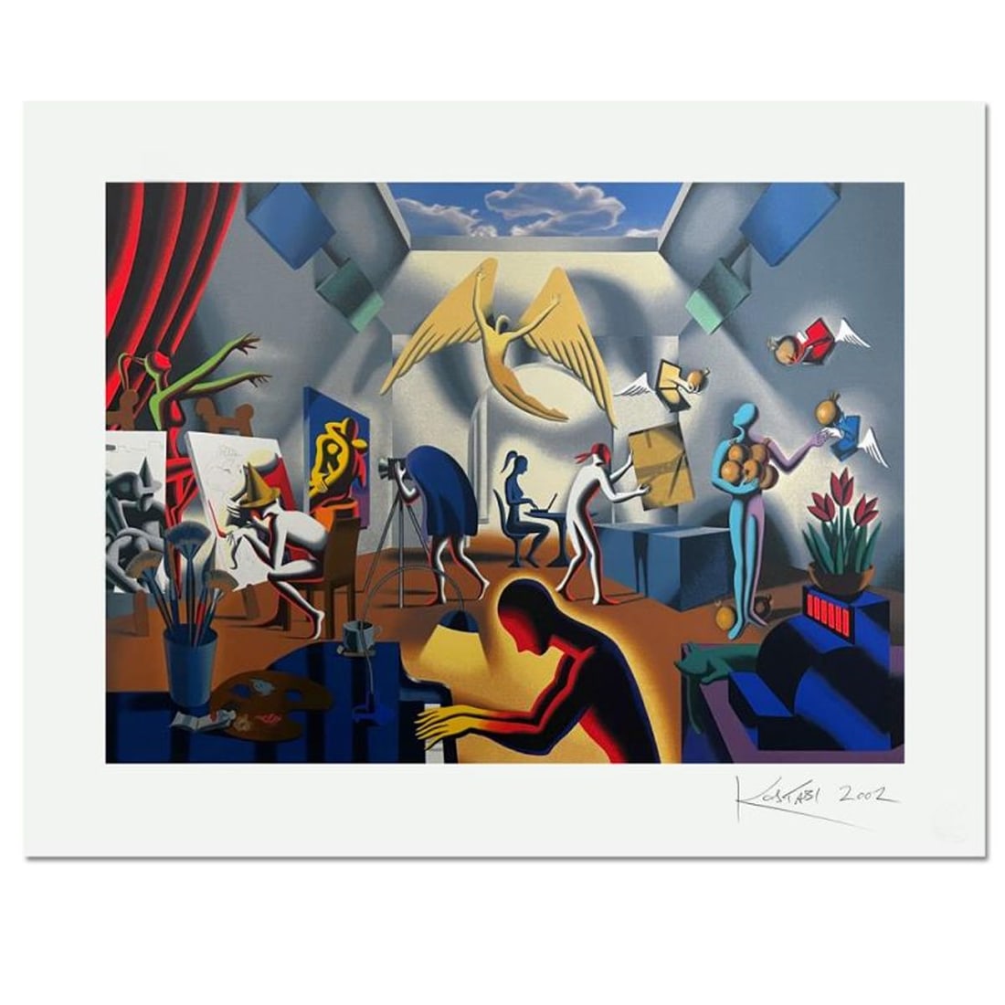 Mark Kostabi, "The Big Picture" Hand Signed Limited Edition Serigraph with COA: The Big Picture is a limited edition serigraph on paper by Mark Kostabi. The piece is numbered and hand signed by the artist and comes with a Certificate of Authenticity. Measures approximately 28" x 