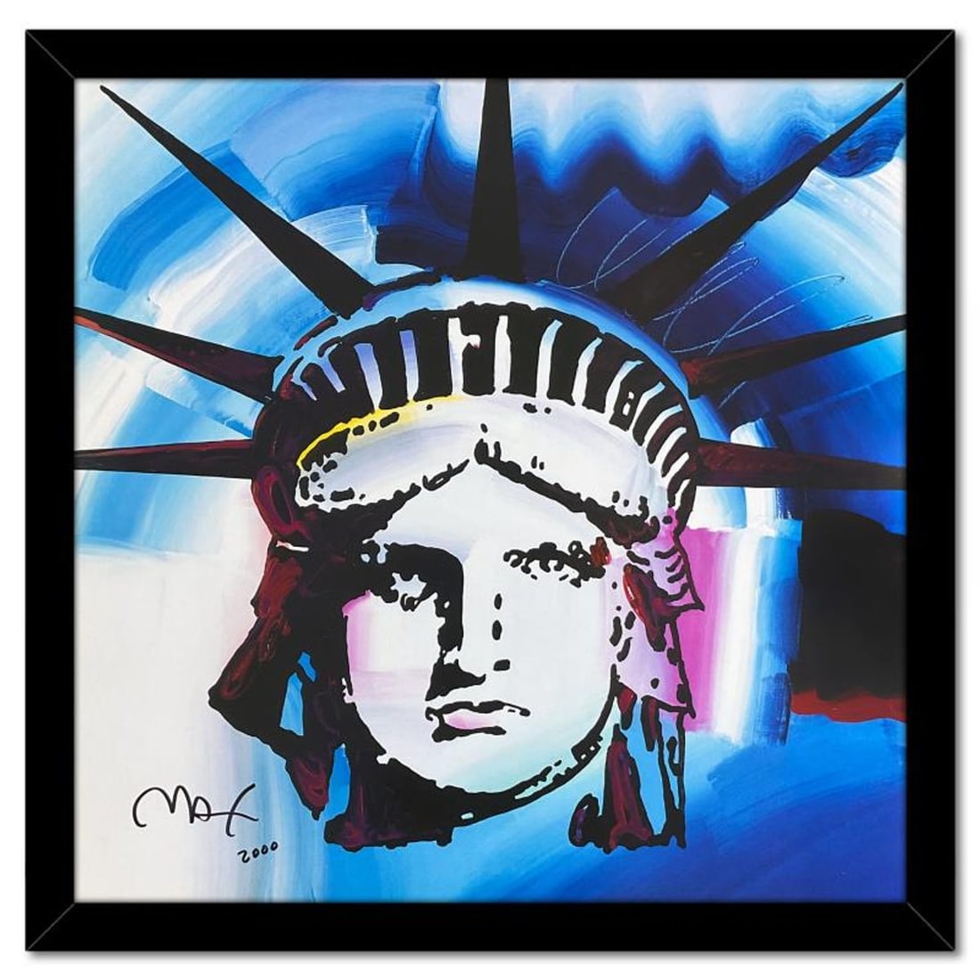 Peter Max, "Liberty 2000 I (Blue)" Framed Hand Signed Offset Lithograph with Letter of Authenticity.: Liberty 2000 I (Blue) is an offset lithograph on paper by Peter Max, hand signed by the artist. This piece comes custom framed. Includes Letter of Authenticity. Measures approx. 28" x 28" (frame), 24"