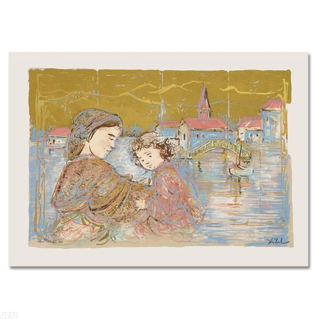 Bridge of Life Limited Edition Lithograph by Edna Hibel (1917-2014), Numbered and Hand Signed with: Bridge of Life is a limited edition lithograph on paper, numbered and hand signed by Edna Hibel (1917-2014). Includes Certificate of Authenticity! Measures approx. 20" x 15" (with border), 16" x 11" (