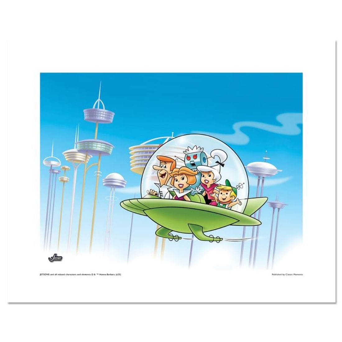 The Jetsons "In Orbit City" Numbered Limited Edition with Certificate of Authenticity.: In Orbit City is a licensed limited edition giclee on paper featuring the classic Hanna-Barbera characters. It comes numbered, with hologram seal, and a Certificate of Authenticity! Measures approx. 1