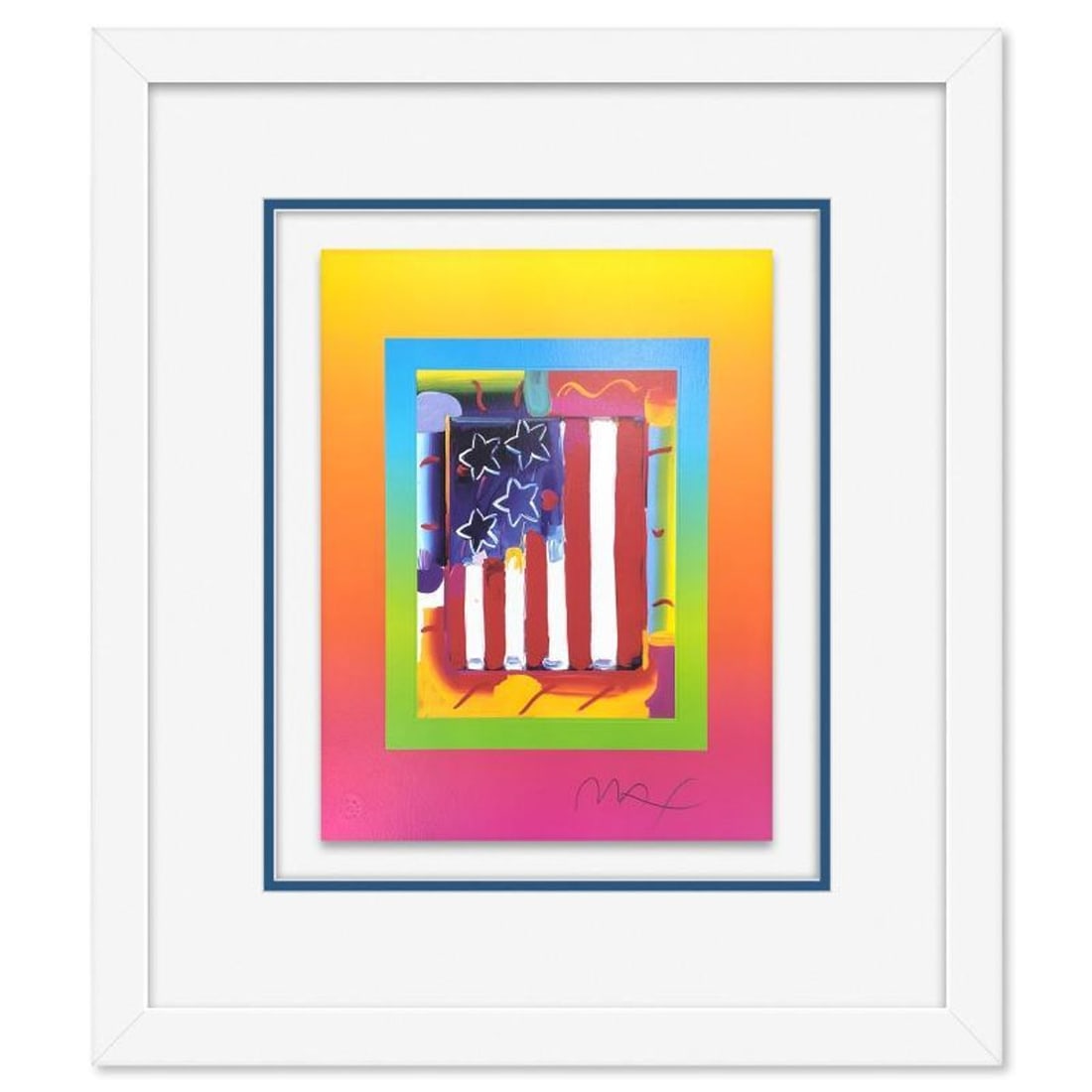 Peter Max, "Flag with Heart on Blends III" Framed Limited Edition Lithograph, Numbered and Hand: Flag with Heart on Blends III is a limited edition lithograph on paper by Peter Max, numbered and hand signed by the artist. This piece comes framed. Includes Certificate of Authenticity from Peter Ma