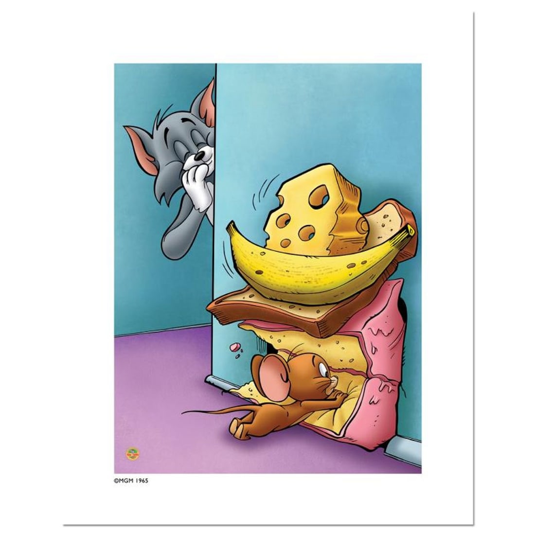 Tom and Jerry, Hidin the Cheese Numbered Limited Edition Giclee with Certificate of Authenticity.: Tom and Jerry, Hidin the Cheese is a licensed limited edition giclee on paper featuring the classic cartoon characters Tom and Jerry. It comes numbered, with hologram seal, and a Certificate of Authen
